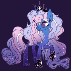 Size: 1078x1080 | Tagged: safe, artist:justsadluna, oc, oc only, pony, unicorn, ethereal mane, eyelashes, female, grin, hoof shoes, horn, looking back, mare, princess shoes, purple background, simple background, slender, smiling, solo, starry mane, thin, unicorn oc