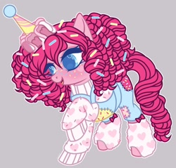 Size: 1280x1222 | Tagged: safe, artist:justsadluna, pinkie pie, earth pony, pony, g4, clothes, female, freckles, hat, mare, overalls, party hat, raised hoof, socks, solo