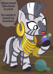 Size: 1064x1482 | Tagged: safe, artist:nitei, zecora, zebra, g4, age regression, atg 2022, bottle, bracelet, dialogue, ear piercing, earring, expiration date, female, filly, filly zecora, foal, herbs, jewelry, looking at something, magical mishap, neck rings, newbie artist training grounds, open mouth, piercing, potion, rhyme, show accurate, solo, speech bubble, surprised, too big, younger