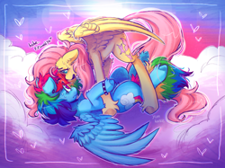 Size: 2732x2048 | Tagged: safe, artist:yumkandie, fluttershy, rainbow dash, pegasus, pony, g4, chest fluff, cloud, cute, cute little fangs, dialogue, duo, ear fluff, eye contact, fangs, female, freckles, heart, high res, lesbian, looking at each other, looking at someone, lying down, mare, nervous sweat, on a cloud, on back, open mouth, outdoors, piercing, pinned, ship:flutterdash, shipping, spread wings, standing, sweat, the lion king, unshorn fetlocks, wingding eyes, wings