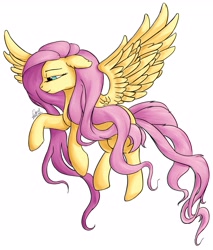 Size: 2854x3355 | Tagged: safe, artist:xxdarickxx, fluttershy, pegasus, pony, g4, cute, daaaaaaaaaaaw, female, floppy ears, flying, high res, lidded eyes, looking down, mare, profile, shyabetes, signature, simple background, smiling, solo, spread wings, white background, wings