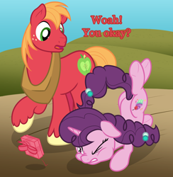 Size: 1950x2000 | Tagged: safe, artist:nitei, big macintosh, sugar belle, earth pony, pony, unicorn, g4, atg 2022, bouncing, butt, concerned, dialogue, duo, faceplant, falling, female, floppy ears, gritted teeth, looking at someone, male, mare, newbie artist training grounds, one eye closed, open mouth, ouch, plot, present, pun, raised hoof, ship:sugarmac, shipping, show accurate, stallion, straight, teeth, tripping, underhoof, unshorn fetlocks, visual pun