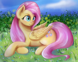 Size: 1024x820 | Tagged: safe, artist:xxdarickxx, fluttershy, pegasus, pony, g4, cute, daaaaaaaaaaaw, eyelashes, female, folded wings, grass, lying down, mare, outdoors, prone, shyabetes, signature, smiling, solo, turned head, wings