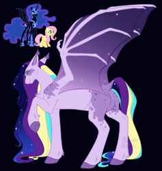 Size: 946x1000 | Tagged: safe, artist:purplegrim40, fluttershy, nightmare moon, oc, alicorn, bat pony, pegasus, pony, g4, bat pony oc, bat wings, black background, butt, colored hooves, dock, ethereal mane, female, hoof shoes, magical lesbian spawn, mare, offspring, parent:fluttershy, parent:nightmare moon, plot, princess shoes, raised hoof, simple background, starry mane, tail, wings