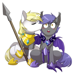 Size: 1350x1350 | Tagged: safe, artist:toxiccolour, oc, oc only, oc:cloud skipper, oc:midnight blossom, bat pony, pegasus, pony, 2023 community collab, derpibooru community collaboration, armor, bat pony oc, blade, blades, blushing, chainmail, cheek kiss, chest fluff, claws, cloudblossom, cute, duo, eyes closed, female, flustered, guardsmare, hoof shoes, kissing, male, mare, oc x oc, ocbetes, open mouth, raised hoof, royal guard, shipping, simple background, sitting, spear, stallion, straight, surprise kiss, surprised, transparent background, weapon