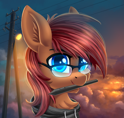 Size: 2977x2841 | Tagged: safe, artist:atlas-66, oc, oc only, oc:atlas66, pegasus, pony, chest fluff, clothes, cloud, glasses, high res, hoodie, mouth hold, pegasus oc, smiling, solo, stylus, telephone pole