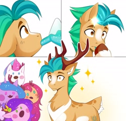 Size: 3071x2953 | Tagged: safe, artist:buvanybu, hitch trailblazer, izzy moonbow, pipp petals, sunny starscout, zipp storm, deer, deer pony, earth pony, original species, pegasus, peryton, pony, reindeer, unicorn, unideer, g5, :o, antlers, cute, deerified, female, high res, male, mane five, mare, open mouth, potion, reindeerified, royal sisters (g5), siblings, simple background, sisters, species swap, stallion, transformation, varying degrees of want, white background