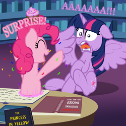 Size: 2000x2000 | Tagged: safe, artist:nitei, pinkie pie, twilight sparkle, alicorn, earth pony, pony, g4, arms spread out, atg 2022, book, book title humor, cartoon physics, confetti, cupcake, duo, duo female, eyes closed, female, floppy ears, food, frightened, happy, hiding behind wing, high res, horror story, indoors, jumpscare, library, looking at someone, mare, mary shelley, name pun, newbie artist training grounds, open mouth, open smile, pinkie being pinkie, pinkie physics, pinpoint eyes, popping out, portal, ray bradbury, recoil, robert w. chambers, scared, screaming, show accurate, smiling, something wicked this way comes, spread wings, startled, surprised, table, the king in yellow, tongue out, twilight sparkle (alicorn), twilight's castle, twilight's castle library, underhoof, wide eyes, wings