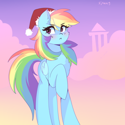 Size: 3000x3000 | Tagged: safe, artist:xjenn9, rainbow dash, pegasus, pony, g4, :<, blushing, christmas, hat, high res, holiday, long legs, raised hoof, santa hat, solo, ych example, your character here