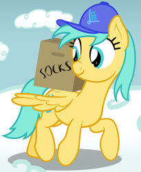 Size: 1470x1789 | Tagged: safe, artist:nitei, sunshower raindrops, pegasus, pony, g4, atg 2022, box, cardboard box, carrying, cloud, delivery pony, female, implied socks, looking back, mare, moving, newbie artist training grounds, on a cloud, show accurate, smiling, solo, spread wings, trotting, wings