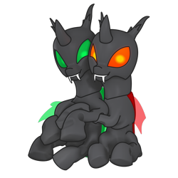 Size: 4000x4000 | Tagged: safe, artist:rumstone, artist:shifttgc, derpibooru exclusive, oc, oc only, oc:rumstone, oc:shift changeling, changeling, 2023 community collab, derpibooru community collaboration, absurd resolution, changeling ears, changeling oc, collaboration, duo, fangs, green changeling, green eyes, happy, horn, hug, krita, male, red changeling, red eyes, simple background, sitting, smiling, teeth, transparent background, wings