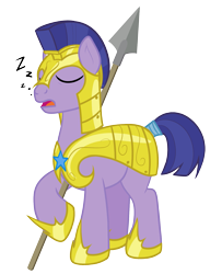 Size: 1361x1680 | Tagged: safe, artist:nitei, earth pony, pony, g4, armor, asleep on the job, eyes closed, lazy, male, onomatopoeia, open mouth, royal guard, royal guard armor, show accurate, simple background, sleeping, sleeping while standing, solo, sound effects, spear, stallion, standing, transparent background, weapon, zzz