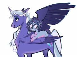 Size: 3104x2284 | Tagged: safe, artist:peachmichea, misty, opaline arcana, alicorn, pony, unicorn, g5, spoiler:g5, duo, female, filly, filly misty, foal, freckles, mama opaline, mare, markings, misty riding opaline, ponies riding ponies, riding, simple background, sternocleidomastoid, white background, younger