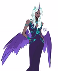 Size: 2421x2961 | Tagged: safe, artist:peachmichea, opaline arcana, human, g5, spoiler:g5, alicorn humanization, clothes, dark skin, dress, eyebrows, eyeshadow, female, high res, horn, horned humanization, humanized, lidded eyes, makeup, moderate dark skin, signature, simple background, smiling, smirk, solo, spread wings, white background, winged humanization, wings