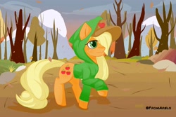 Size: 4096x2731 | Tagged: safe, artist:fromariels, applejack, earth pony, pony, g4, clothes, female, hat, hoodie, mountain, solo, tree