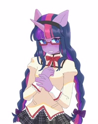 Size: 2385x3000 | Tagged: safe, artist:exxi00, twilight sparkle, unicorn, anthro, g4, anime, blushing, bow, braid, braided pigtails, clothes, cosplay, costume, cute, embarrassed, glasses, hair bow, hairband, high res, homura akemi, looking at you, magical girl, meganekko, neck bow, pigtails, puella magi madoka magica, school uniform, schoolgirl, shirt, simple background, skirt, smiling, solo, twiabetes, twintails, white background