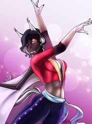 Size: 3200x4300 | Tagged: safe, artist:blackblood-queen, oc, oc only, oc:damion bates, bat pony, anthro, unguligrade anthro, bat pony oc, breasts, clothes, commission, dancing, digital art, fangs, female, lipstick, makeup, mare, one eye closed, rule 63, sharp nails, smiling, solo, wink