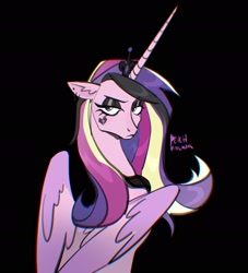 Size: 2119x2336 | Tagged: safe, artist:peachmichea, princess cadance, alicorn, pony, g4, black background, black eyeshadow, chromatic aberration, crown, dyed mane, emo, eyeshadow, female, folded wings, goth, high res, horn, jewelry, long horn, looking at you, looking back, looking back at you, makeup, mare, regalia, simple background, solo, wings