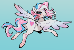 Size: 2378x1619 | Tagged: safe, artist:glacierclear, star catcher, pegasus, pony, g3, blue background, butt, flying, lidded eyes, looking at you, looking back, looking back at you, plot, simple background, smiling, solo, spread wings, underhoof, wings