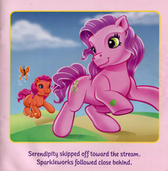 Size: 750x766 | Tagged: safe, serendipity, sparkleworks, butterfly, earth pony, pony, g3, my little pony: butterfly hunt, official, female, heart, heart eyes, mare, scan, solo focus, starry eyes, wingding eyes