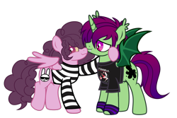 Size: 3000x2000 | Tagged: safe, artist:k0br4, oc, oc only, oc:midnight ray, oc:stripe, bat pony, bat pony unicorn, hybrid, pegasus, pony, unicorn, bat wings, clothes, couple, curly hair, disguise, disguised siren, duo, duo male, emo, fangs, full body, gay, gloves, high res, horn, male, my chemical romance, pegasus oc, shirt, simple background, smiling, t-shirt, transparent background, wings, yellow eyes