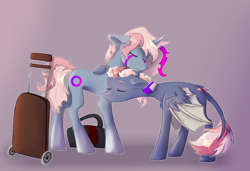 Size: 1942x1326 | Tagged: safe, artist:lambydwight, oc, oc only, bat pony, pony, unicorn, bat pony oc, duo, eyes closed, horn, luggage, simple background, unicorn oc