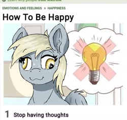 Size: 1956x1847 | Tagged: safe, artist:reddthebat, derpy hooves, pegasus, pony, g4, :3, advice, eyebrows, eyebrows visible through hair, happy, idea, lidded eyes, lightbulb, meta, no thoughts head empty, smiling, solo, thought bubble, wikihow