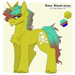 Size: 1000x1000 | Tagged: safe, artist:vampirix, oc, oc:baneblackraven, pony, unicorn, chest fluff, horn, male, pirate, reference sheet, solo, stallion, sternocleidomastoid, unicorn oc