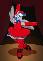 Size: 1053x1490 | Tagged: safe, artist:defilerzero, part of a set, oc, oc only, oc:lady lightning strike, pegasus, pony, series:the evening ballerina, ballerina, bipedal, clothes, collar, headdress, latex, latex dress, part of a series, pegasus oc, solo, stage, stockings, story included, thigh highs