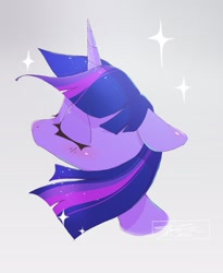 Size: 1677x2048 | Tagged: safe, artist:mindlessnik, twilight sparkle, pony, unicorn, g4, bust, eyes closed, female, floppy ears, gray background, mare, simple background, solo, sparkles