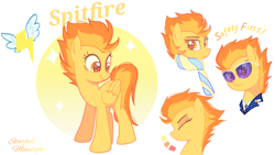 Size: 3200x1800 | Tagged: source needed, safe, artist:starfallmoonlight, spitfire, pegasus, pony, g4, clothes, cute, cutefire, female, folded wings, glasses, mare, scarf, simple background, sparkles, stars, sunglasses, uniform, white background, wings, wonderbolts dress uniform