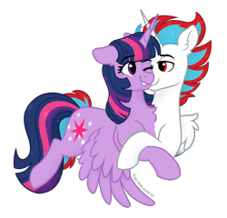 Size: 2400x2300 | Tagged: safe, artist:pink-pone, twilight sparkle, oc, oc:solar eclipse, alicorn, pony, g4, alicorn oc, conjoined, fusion, high res, horn, not zipp storm, simple background, transparent background, twilight sparkle (alicorn), wings