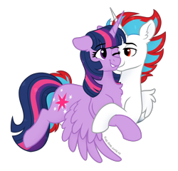 Size: 2400x2300 | Tagged: safe, artist:pink-pone, twilight sparkle, oc, oc:solar eclipse, alicorn, pony, g4, alicorn oc, backwards cutie mark, conjoined, folded wings, fusion, high res, horn, not zipp storm, simple background, spread wings, transparent background, twilight sparkle (alicorn), wings