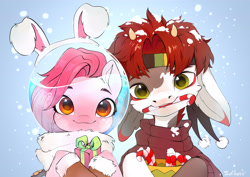 Size: 3508x2480 | Tagged: safe, artist:sofiko-ko, oc, oc only, oc:grom, oc:koraru koi, merpony, pony, bunny ears, candy, candy cane, duo, fish bowl, food, freckles, high res, hoof hold, looking at you, mouth hold, present, smiling, smiling at you, snow, snowfall