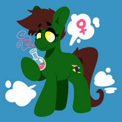 Size: 1610x1602 | Tagged: safe, artist:myahster, oc, oc only, oc:howi, earth pony, pony, commission, earth pony oc, eyebrows, eyebrows visible through hair, no pupils, potion, rule 63, simple background, solo