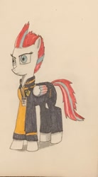 Size: 957x1729 | Tagged: safe, artist:martialarts2003, zipp storm, pegasus, pony, the sunjackers, g4, g5, badge, clothes, detective, g5 to g4, generation leap, jacket, solo, traditional art