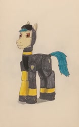 Size: 873x1402 | Tagged: safe, artist:martialarts2003, hitch trailblazer, earth pony, pony, the sunjackers, g4, g5, armor, armored pony, cyberpunk, g5 to g4, generation leap, officer, palindrome get, solo, traditional art