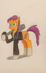 Size: 932x1467 | Tagged: safe, artist:martialarts2003, sunny starscout, earth pony, pony, the sunjackers, g4, g5, baseball bat, clothes, cyberpunk, g5 to g4, generation leap, jacket, solo, traditional art