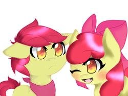 Size: 1024x768 | Tagged: safe, artist:insanitynikoru, apple bloom, earth pony, pony, g4, applebuck, colt, cute, cute little fangs, fangs, female, filly, foal, male, neckerchief, one eye closed, open mouth, open smile, r63 paradox, rule 63, self paradox, self ponidox, simple background, smiling, white background, wink