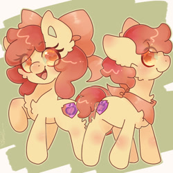 Size: 1080x1080 | Tagged: safe, artist:insanitynikoru, apple bloom, earth pony, pony, g4, applebuck, colt, eye clipping through hair, female, filly, foal, heart, heart eyes, male, neckerchief, open mouth, open smile, r63 paradox, rule 63, self paradox, self ponidox, simple background, smiling, starry eyes, wingding eyes