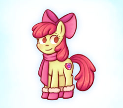 Size: 650x573 | Tagged: safe, artist:felicitea, apple bloom, earth pony, pony, g4, apple bloom's bow, boots, bow, clothes, female, filly, foal, hair bow, scarf, shoes, simple background, smiling, solo, white background