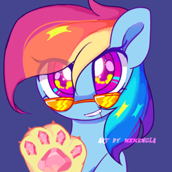 Size: 1280x1280 | Tagged: safe, artist:memengla, rainbow dash, pegasus, pony, g4, bust, female, gem, looking at you, paw pads, paws, simple background, solo, sunglasses, watermark