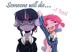 Size: 1724x1172 | Tagged: safe, artist:kisselmr, pinkie pie, twilight sparkle, earth pony, pony, unicorn, g4, crossover, duo, enid sinclair, floppy ears, simple background, the addams family, unicorn twilight, wednesday (series), wednesday addams, wednesday sparkle, white background