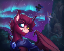 Size: 3100x2500 | Tagged: safe, artist:jewellier, princess luna, oc, oc:arthur junior, alicorn, bat pony, pony, g4, armor, aurora borealis, bat pony oc, bat wings, canterlot, commission, duo, duo male and female, eyebrows, female, flying, high res, male, mare, mountain, night, night guard, night guard armor, partially open wings, smiling, stallion, starry sky, wings