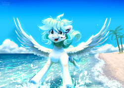 Size: 3600x2551 | Tagged: safe, artist:teaflower300, oc, oc only, pegasus, pony, beach, cloud, eyebrows, eyebrows visible through hair, flying, headset mic, high res, ocean, open mouth, palm tree, pegasus oc, sky, solo, tree, tropical, water