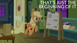 Size: 1920x1080 | Tagged: safe, edit, edited screencap, editor:quoterific, screencap, applejack, earth pony, pony, apple family reunion, g4, book, camera, checklist, easel, female, finish line, flag, freckles, hatless, house, mare, missing accessory, open mouth, open smile, paper, smiling, solo, trotting