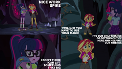 Size: 2000x1125 | Tagged: safe, edit, edited screencap, editor:quoterific, screencap, sci-twi, spike, spike the regular dog, sunset shimmer, twilight sparkle, dog, human, equestria girls, g4, my little pony equestria girls: legend of everfree, baseball cap, cap, female, glasses, grin, hat, male, open mouth, open smile, smiling, trio, unsure