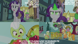 Size: 2000x1125 | Tagged: safe, edit, edited screencap, editor:quoterific, screencap, applejack, carrot top, golden harvest, granny smith, rarity, spike, dragon, earth pony, pony, unicorn, g4, inspiration manifestation, applejack's hat, chariot, concerned, confused, cowboy hat, female, freckles, frown, gem, glowing, glowing eyes, glowing horn, golden, hat, horn, inspirarity, magic, magic aura, male, mare, open mouth, open smile, possessed, smiling, wavy mouth