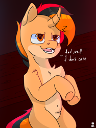 Size: 3000x4000 | Tagged: safe, artist:floirish, oc, oc only, oc:floire, pony, unicorn, belly, belly button, bipedal, chest fluff, high res, horn, sitting, solo, talking, unicorn oc