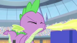 Size: 3787x2141 | Tagged: safe, edit, edited screencap, screencap, spike, dragon, equestria games (episode), g4, eyes closed, fire, fire breath, high res, solo, torch